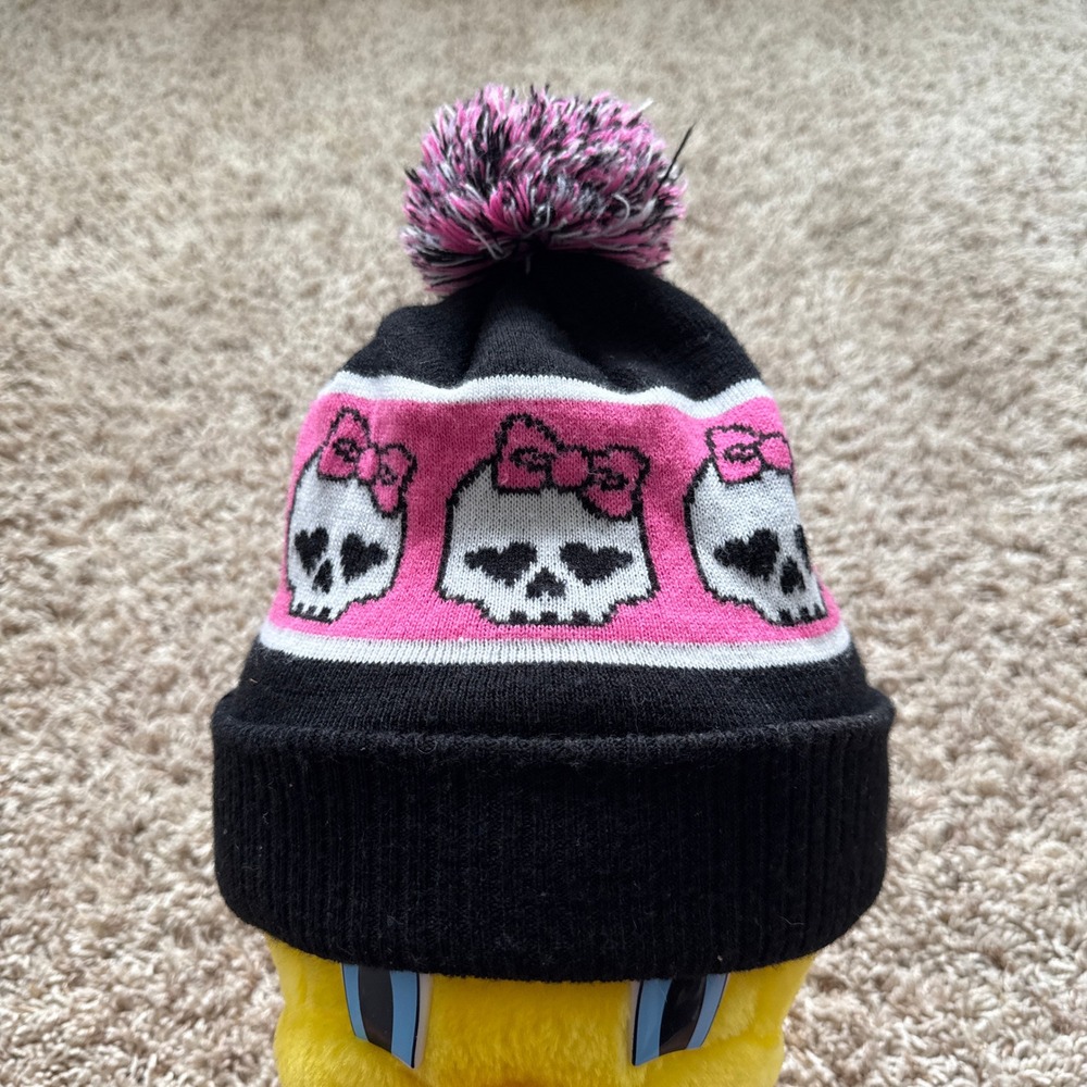 Monster High Skullette Pom Beanie Hat Black Pink Y2K Adult Knit Cap